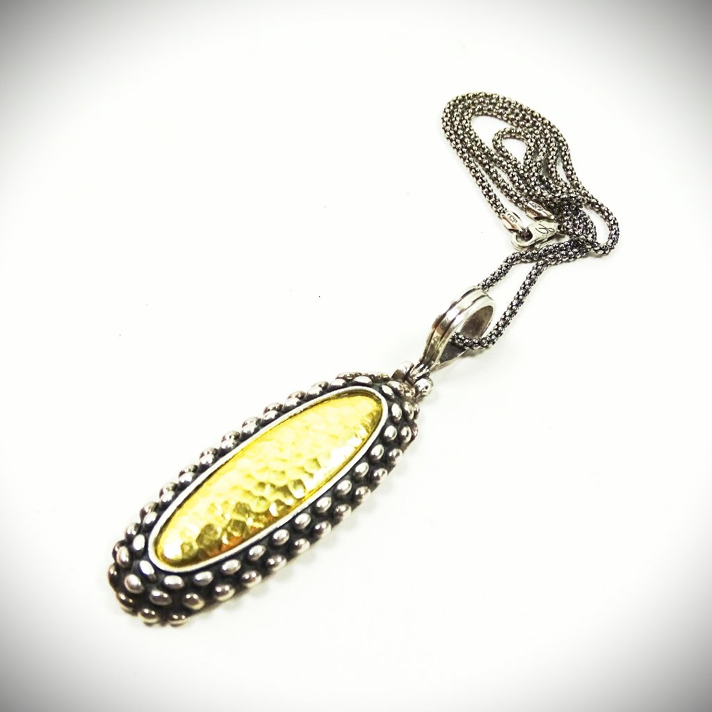 Phillip Gavriel Sterling Silver 18k Hammered Yellow Gold Pendant Chain Necklace 375$